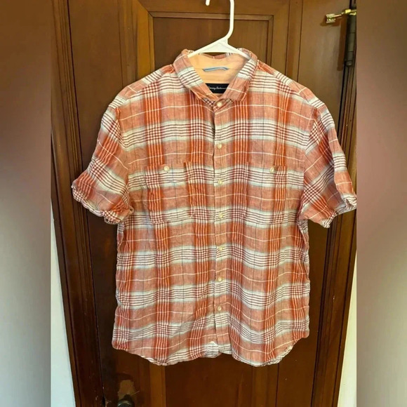 Tommy Bahama Linen Red Orange Peach Plaid Short Sleeve Button Down L - Picture 1 of 5